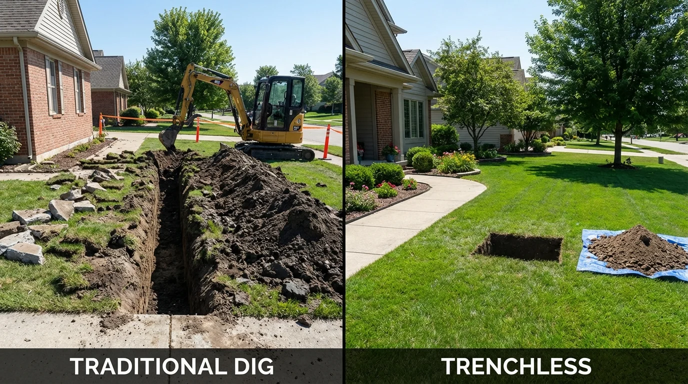 Trenchless sewer repair with minimal yard damage versus traditional excavation in Upton, MA