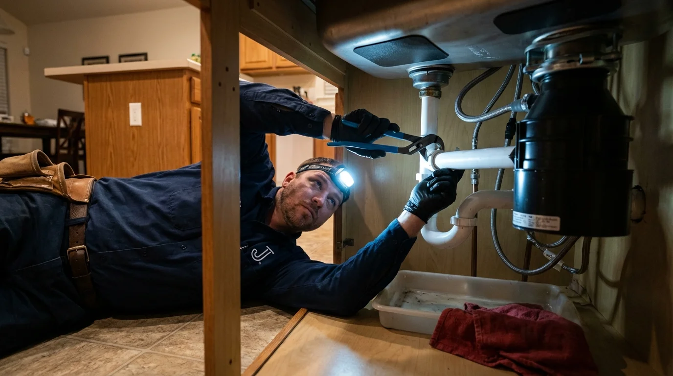 P-trap and supply line connections under a kitchen sink showing a common leak point in Upton, MA